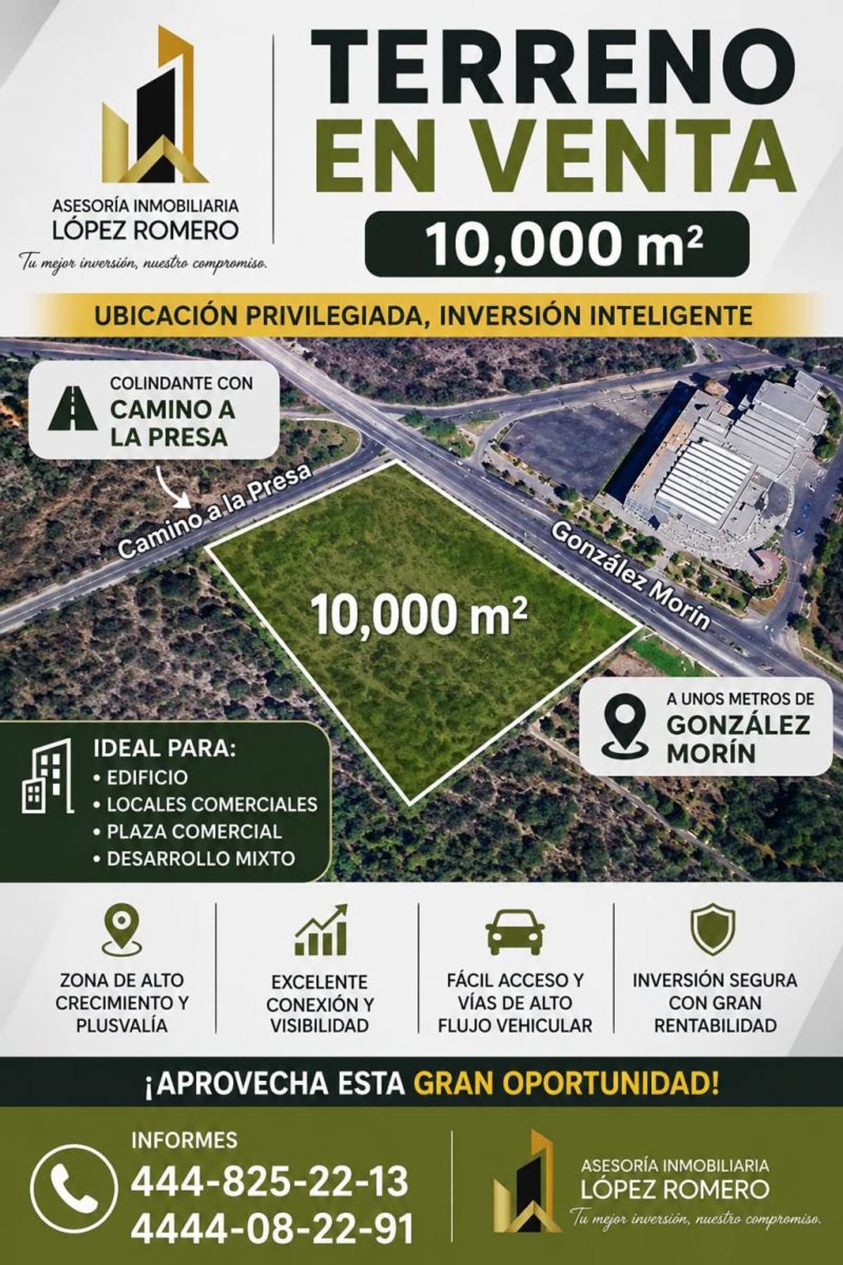 Vista aérea de un terreno verde delimitado junto a avenidas pavimentadas y zonas arboladas