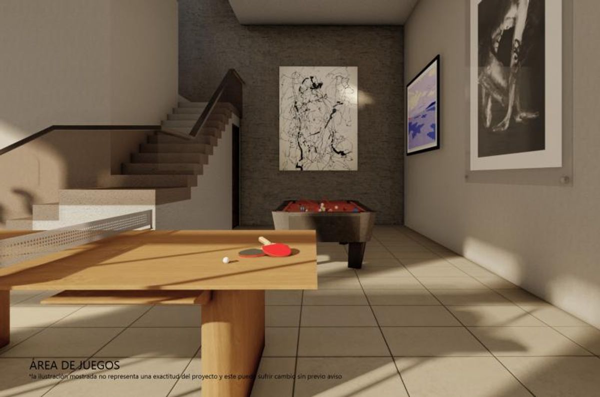 Área de juegos con mesa de ping pong, billar, cuadros decorativos y piso cerámico