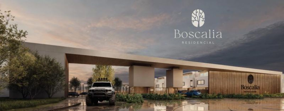 Pórtico de acceso residencial con estructura horizontal, paneles de madera, camioneta todoterreno y vegetación