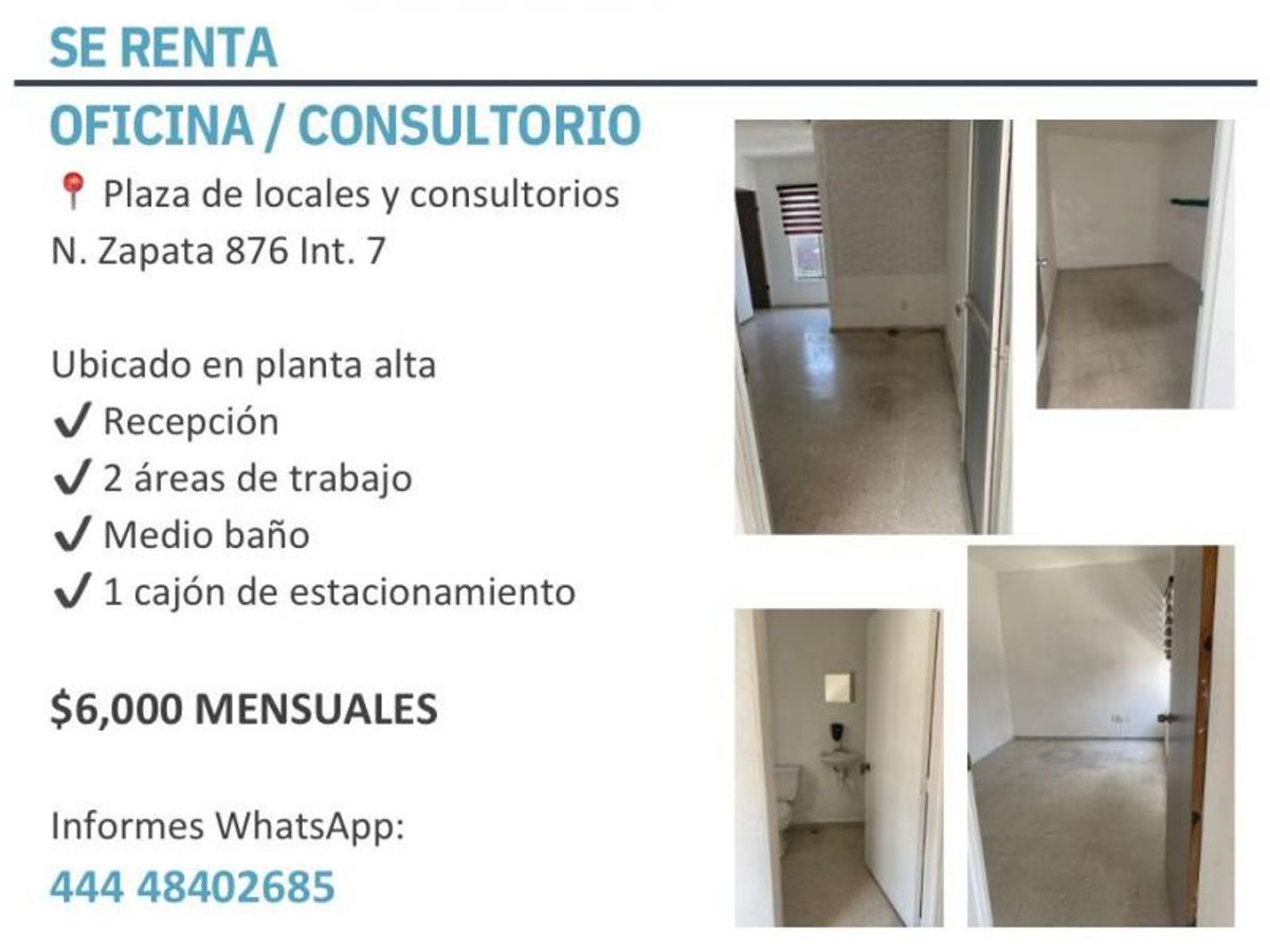 Espacios interiores vacíos para oficina con paredes blancas, pisos claros y un medio baño