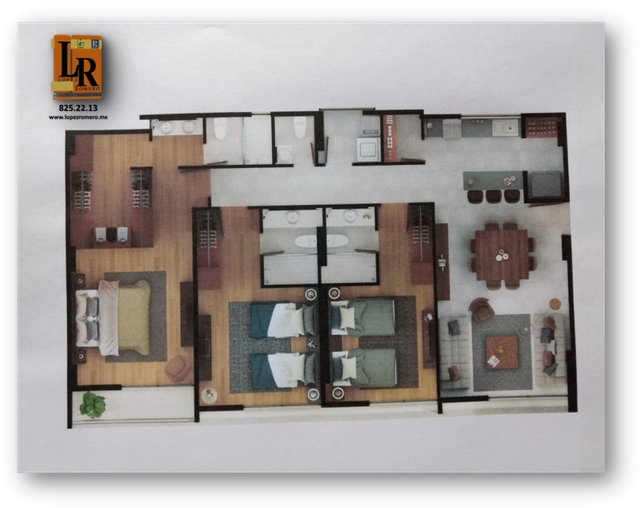 Plano arquitectónico de departamento con tres recámaras, baños completos, cocina, comedor y sala amueblada