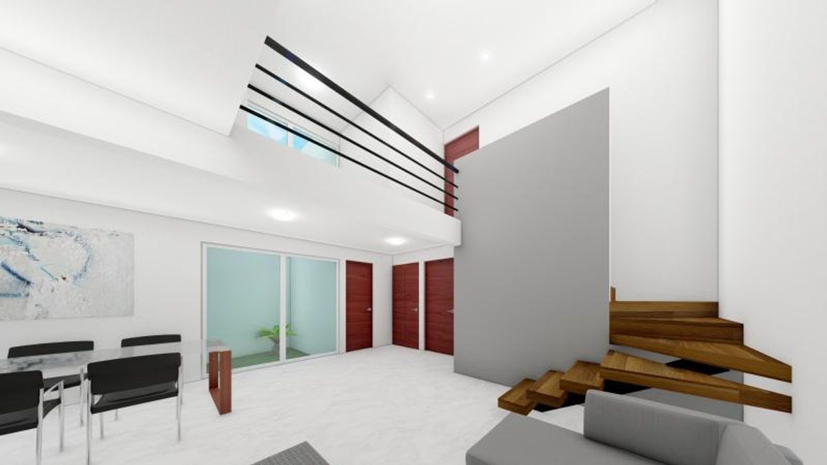 Sala de doble altura con escaleras de madera, piso claro y barandal metálico negro