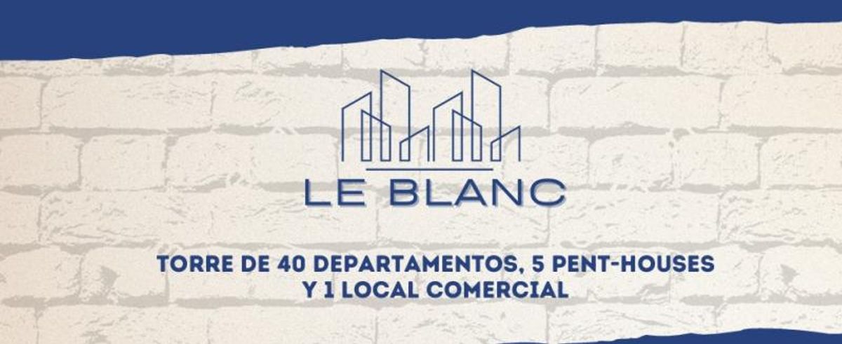 Logotipo azul de Le Blanc y texto sobre fondo con textura de ladrillo blanco