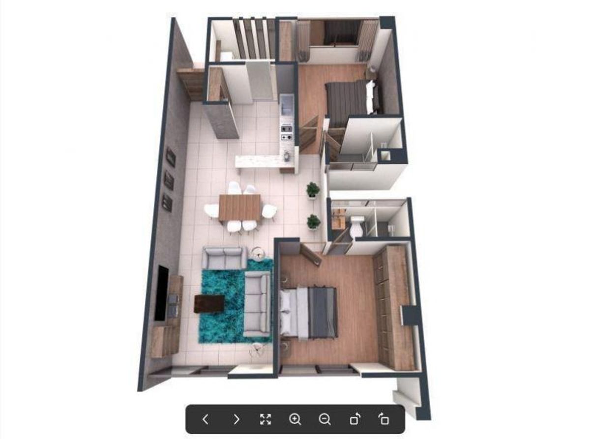 Plano tridimensional de departamento con dos recámaras, sala, comedor, cocina abierta y dos baños