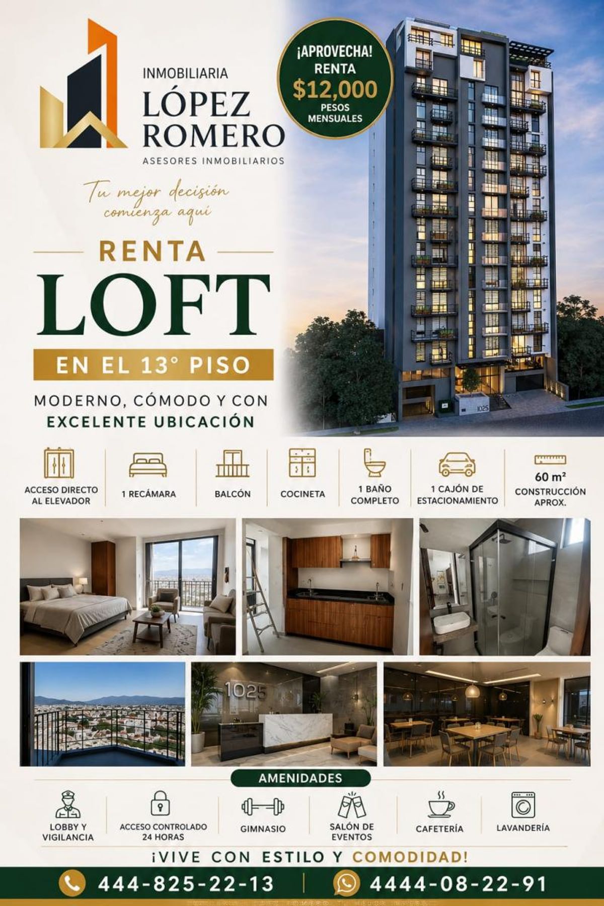 Anuncio publicitario mostrando recámara con balcón, vista a la ciudad, cocineta y torre residencial