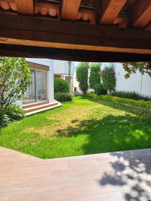 Jardín con pasto y plantas verdes visto desde una terraza con techo de madera