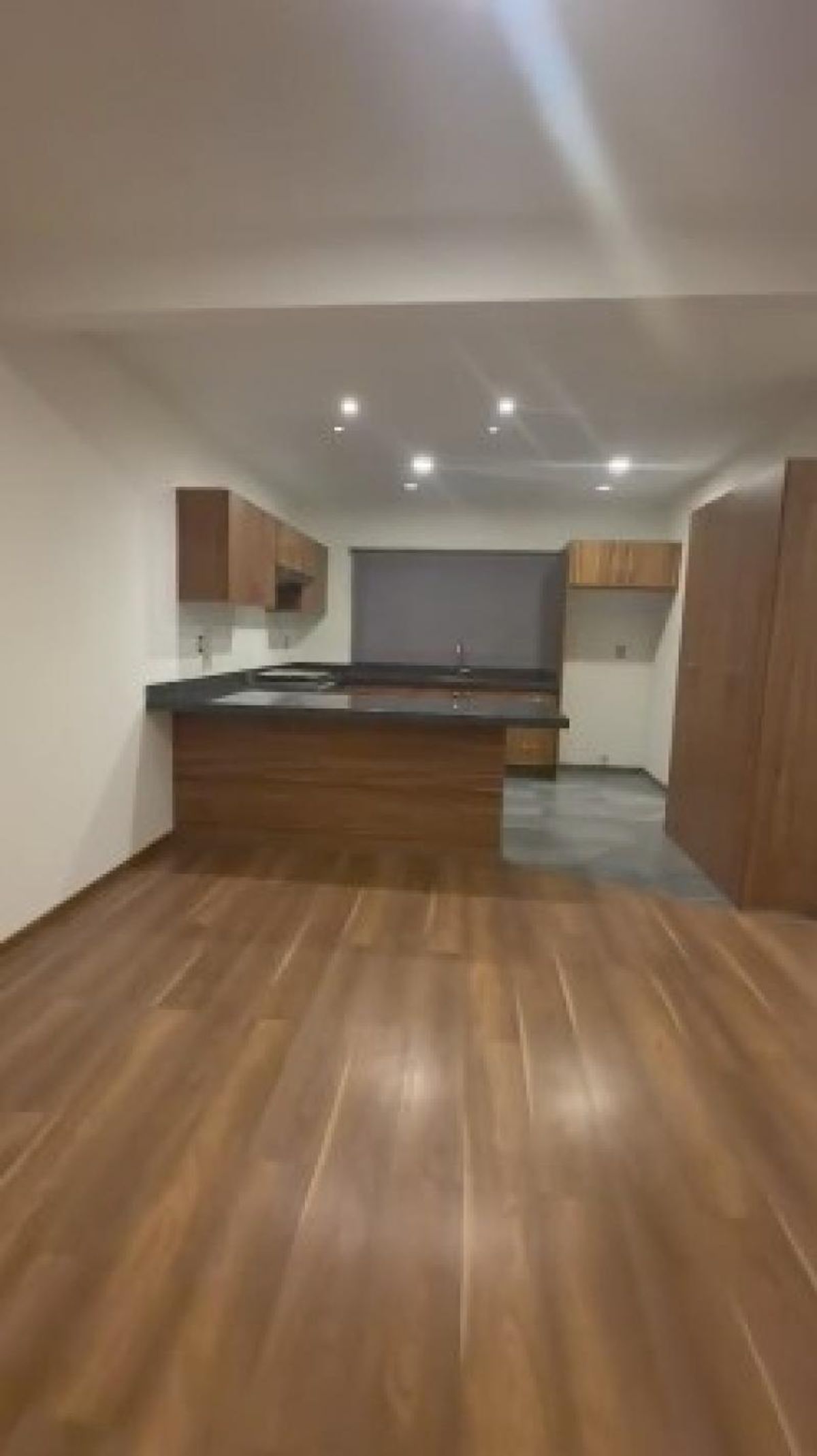 Cocina abierta con barra de madera, cubierta oscura, gabinetes, luces empotradas y piso laminado