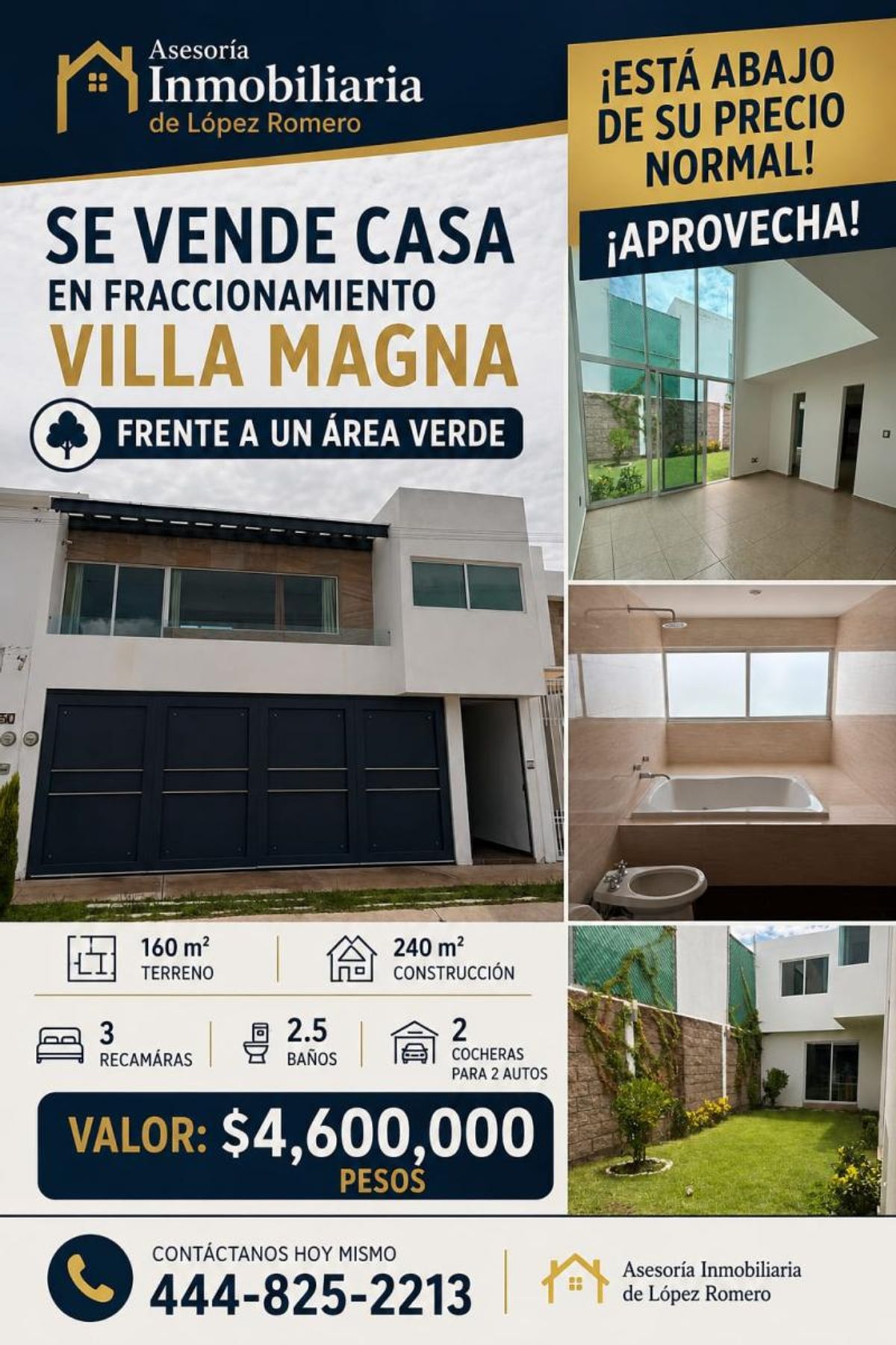 Casa moderna de dos pisos con fachada blanca, cochera oscura, balcón, tina y jardín