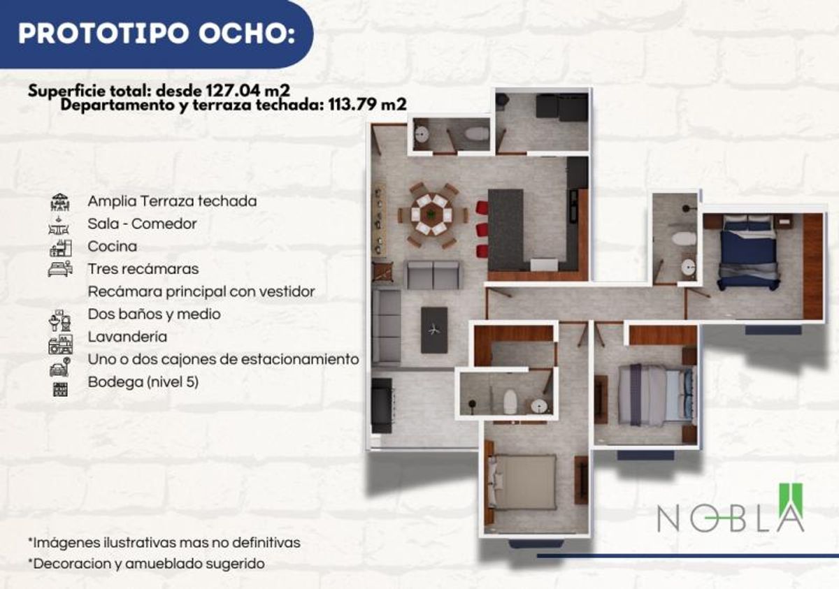 Plano tridimensional de distribución de departamento con tres recámaras, sala, comedor y cocina