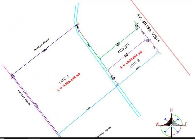 Plano de subdivisión de terrenos con medidas de lotes, linderos y acceso a avenida