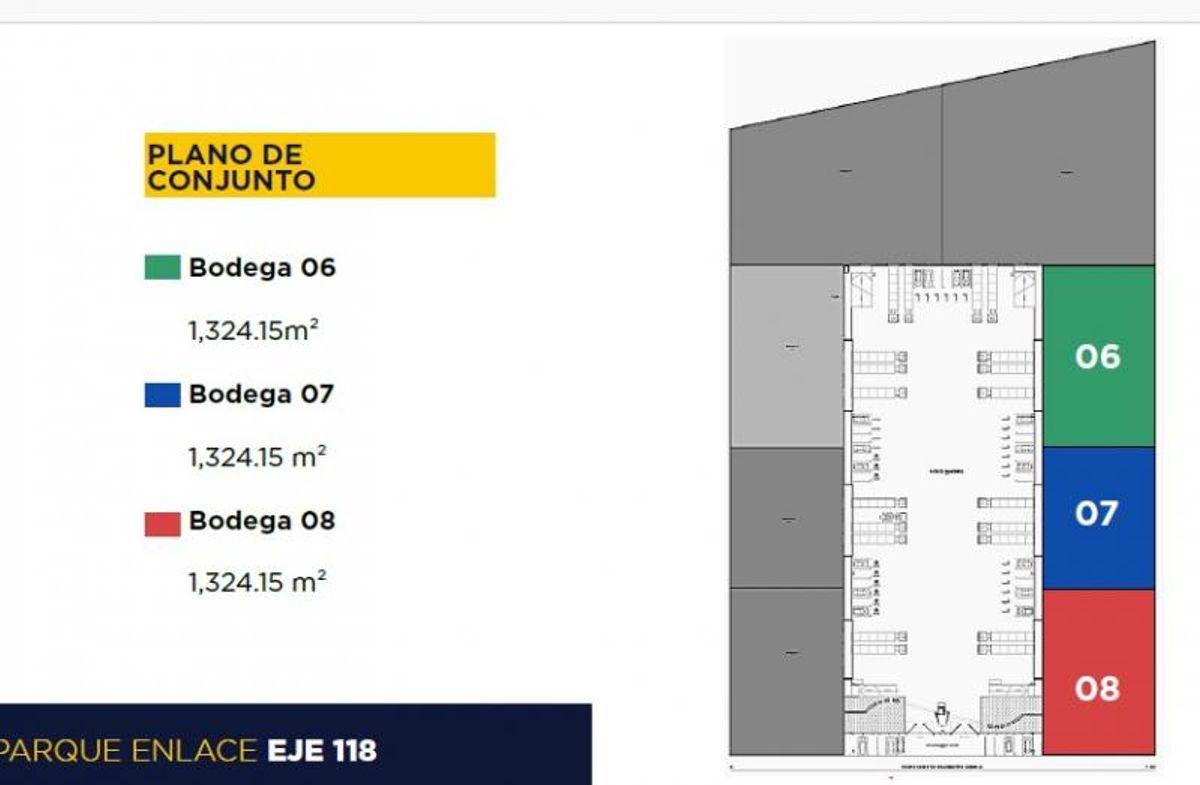 Plano de conjunto con distribución de tres bodegas industriales identificadas en verde, azul y rojo