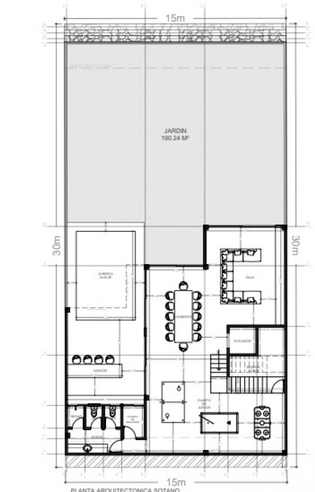 Planta arquitectónica de sótano con jardín, alberca, sala, comedor, salón de juegos y baños
