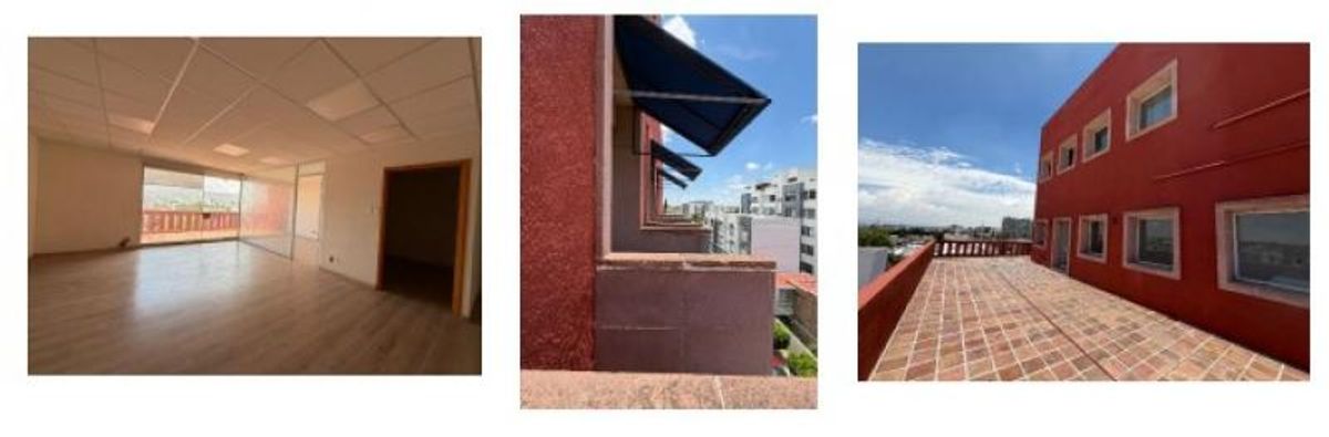 Oficina interior con piso de madera y terraza exterior de loseta en edificio rojo