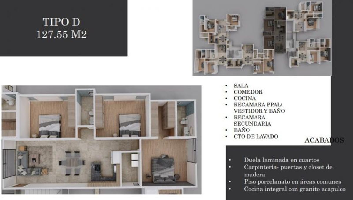 Plano arquitectónico tridimensional de departamento con tres recámaras, sala, comedor, cocina y baños