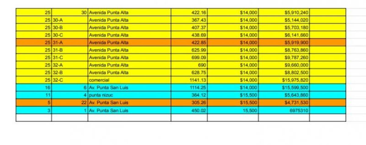 Tabla con datos de lotes, superficies, precios por metro cuadrado y valores totales