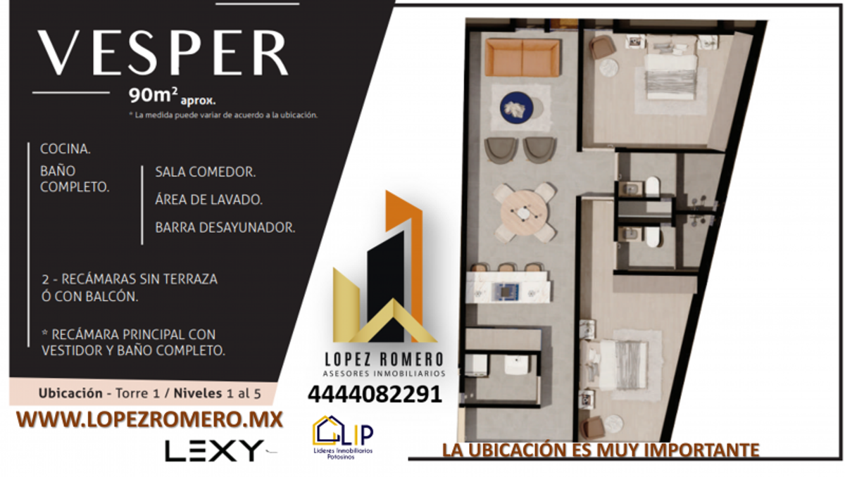 Plano arquitectónico de departamento con sala, comedor, cocina con barra, dos recámaras y baños