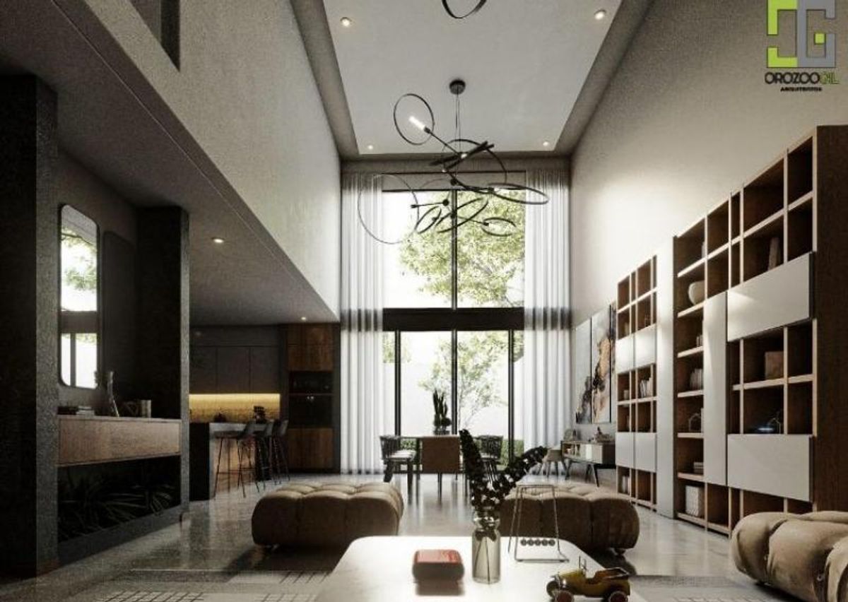 Sala de doble altura con grandes ventanales, estantería de madera y lámpara colgante