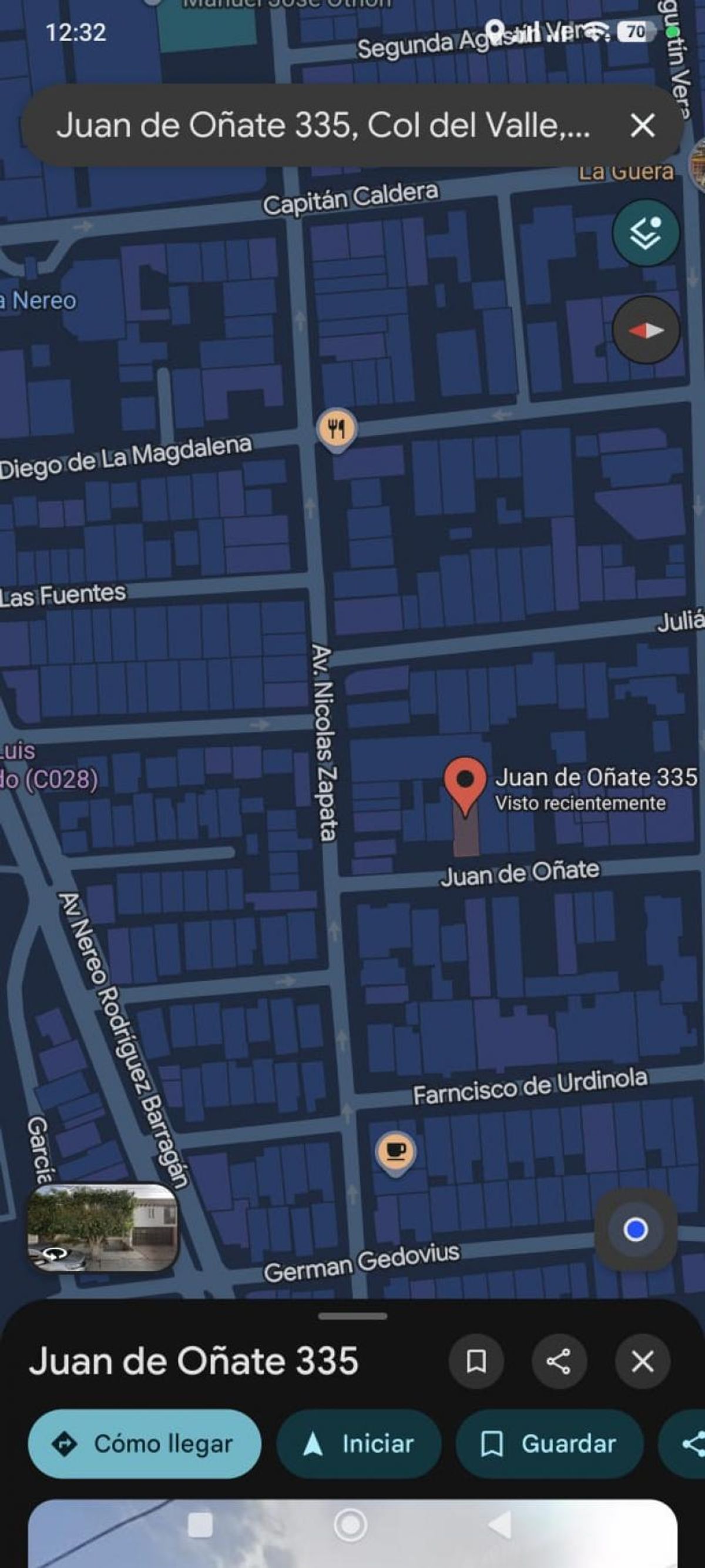 Mapa urbano digital con pin rojo indicando la ubicación en la calle Juan de Oñate