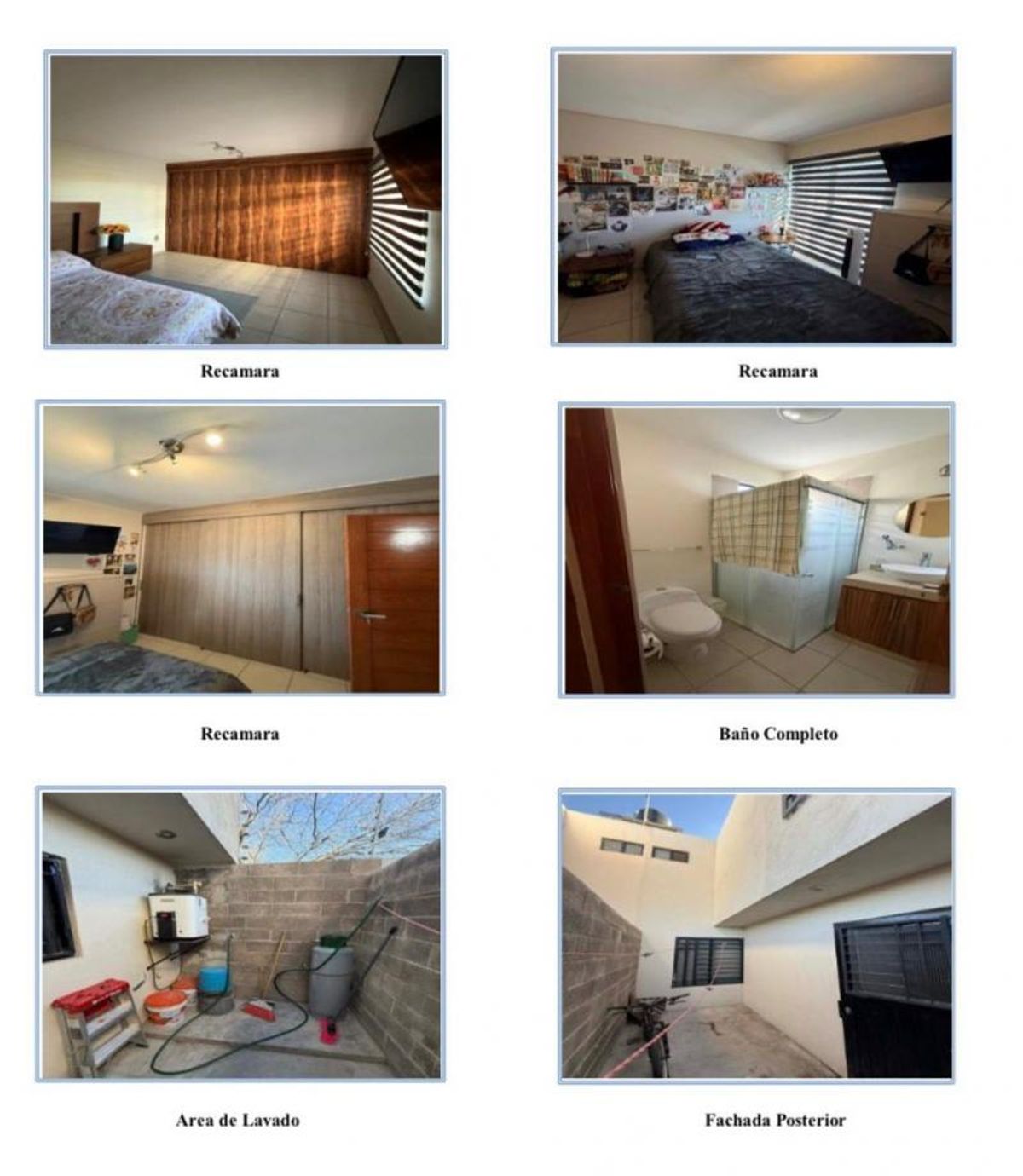 Recámaras con clóset de madera, baño completo, área de lavado y fachada posterior