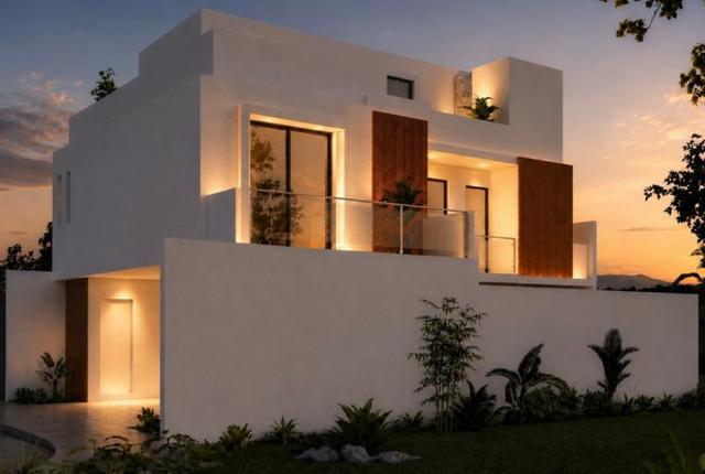 Casa moderna de fachada blanca con detalles de madera, iluminación cálida exterior y balcón