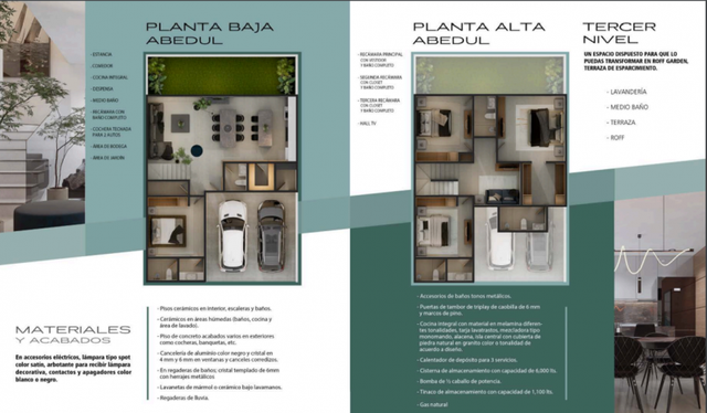 Plano arquitectónico en tres dimensiones con distribución de dos plantas y lista de acabados
