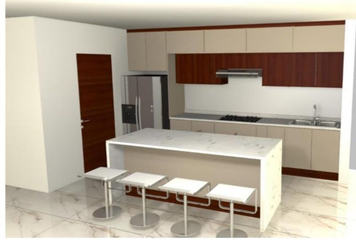 Cocina integral con isla blanca, cuatro taburetes, gabinetes en dos tonos y refrigerador