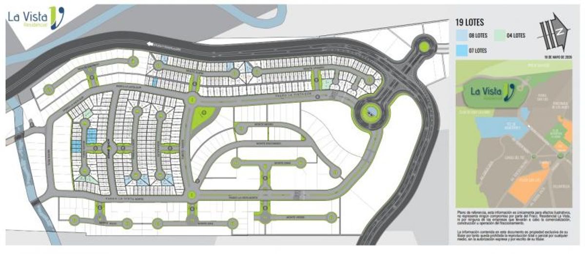 Plano general de fraccionamiento residencial con lotes delimitados, avenidas, glorietas y áreas verdes