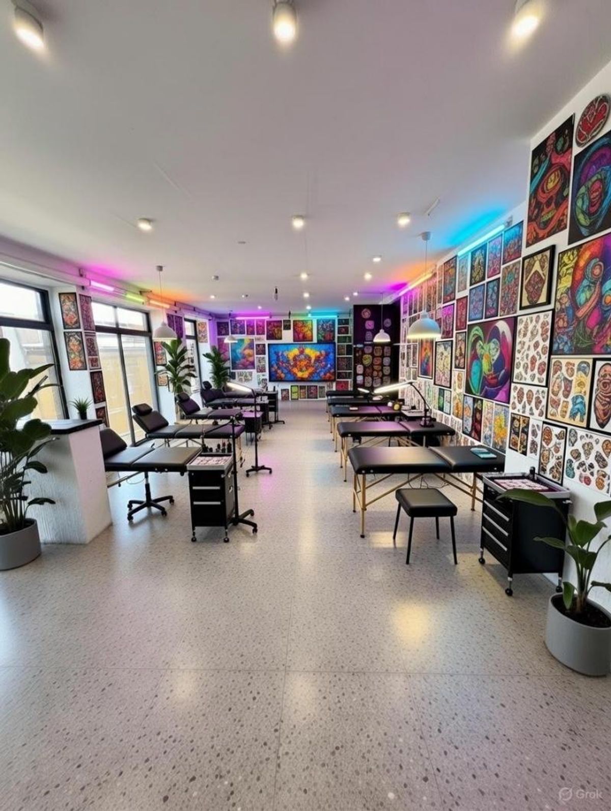 Local comercial con piso claro de terrazo, camillas, muebles negros, luces LED y cuadros