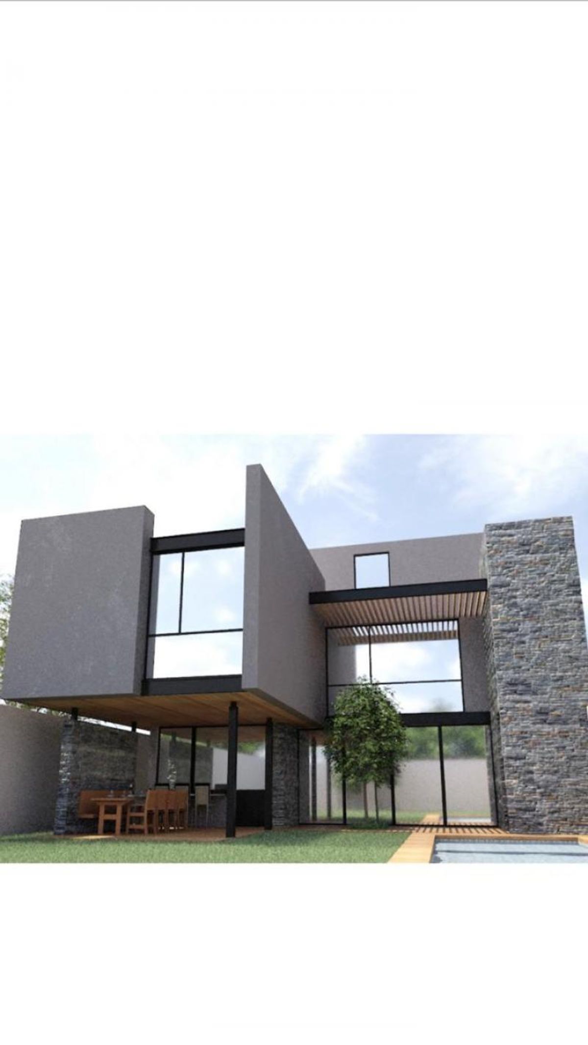 Casa moderna de dos niveles con fachada gris, muro de piedra, ventanales y jardín