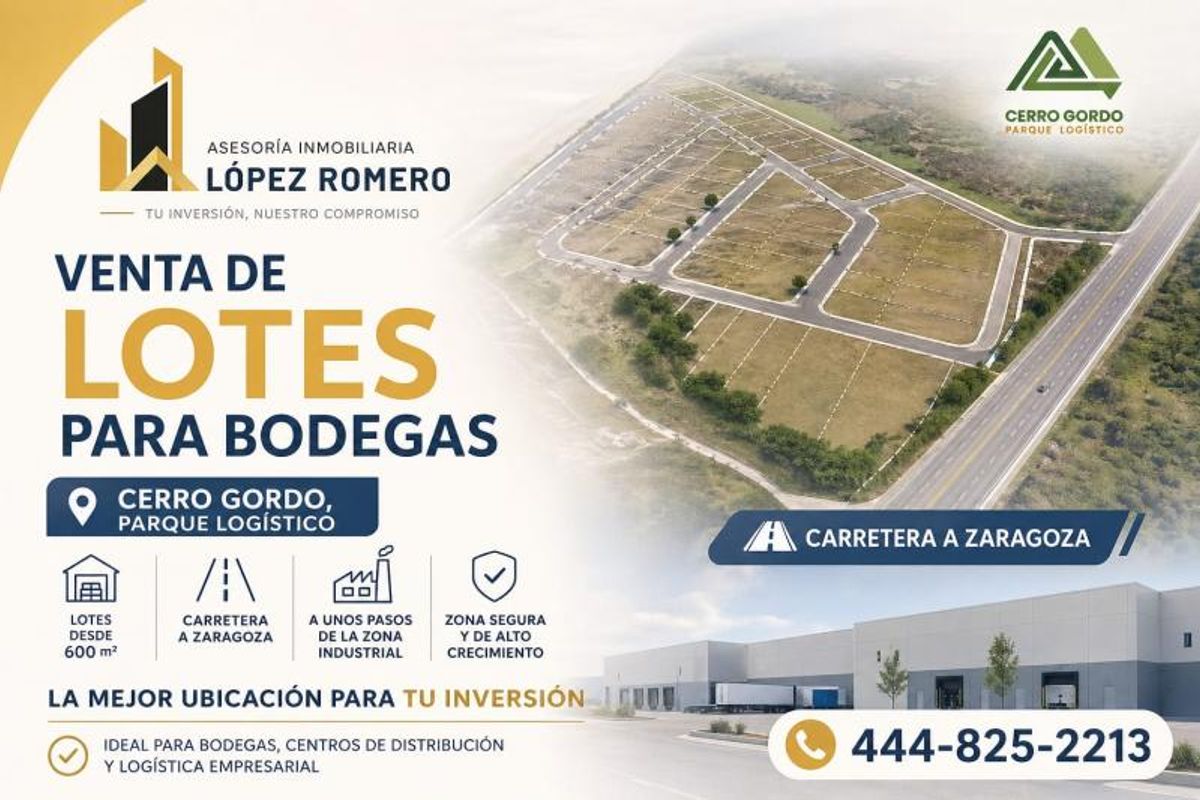 Vista aérea de terrenos fraccionados junto a carretera y complejo de bodegas industriales modernas