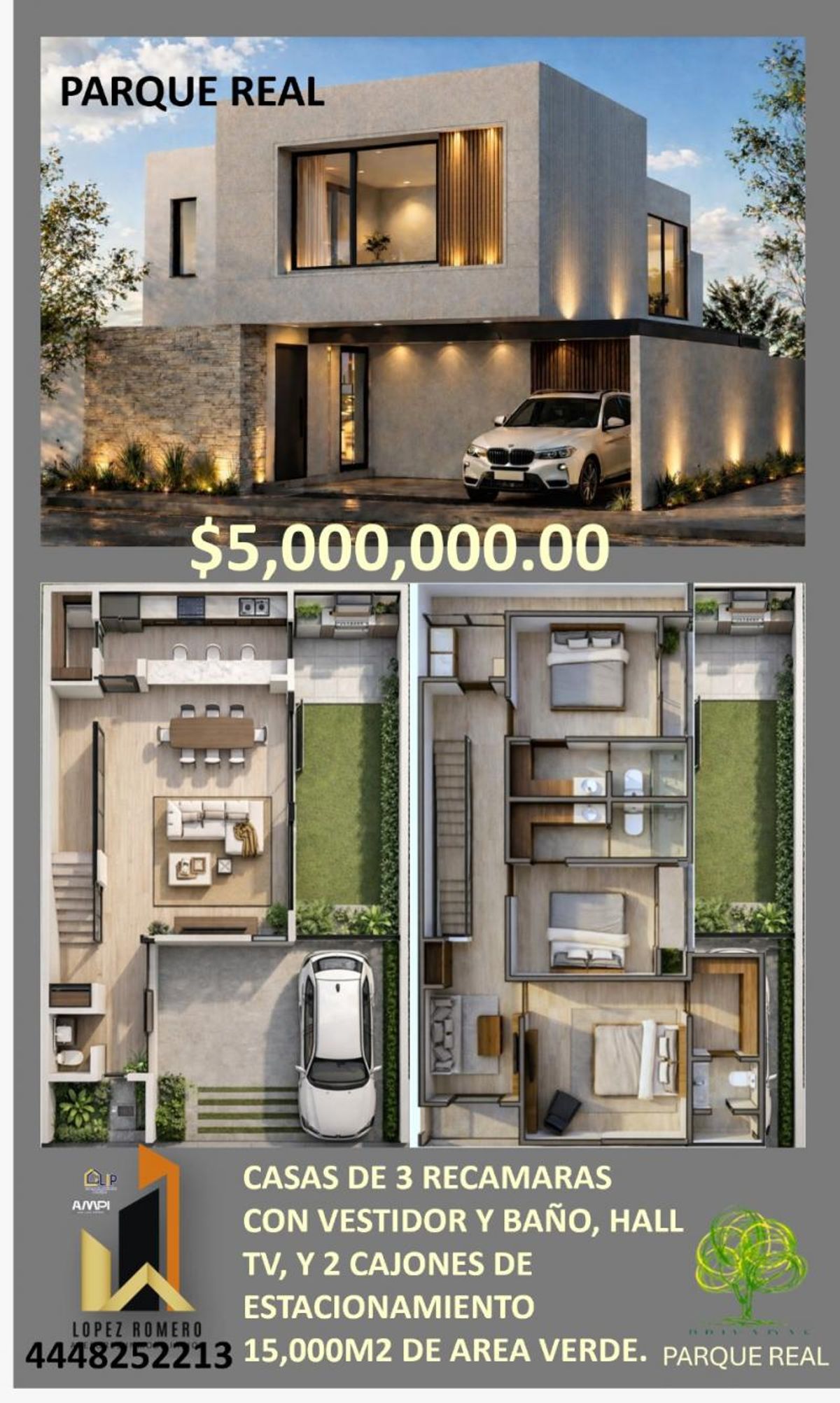 Fachada de casa moderna de dos niveles con iluminación cálida y planos de distribución