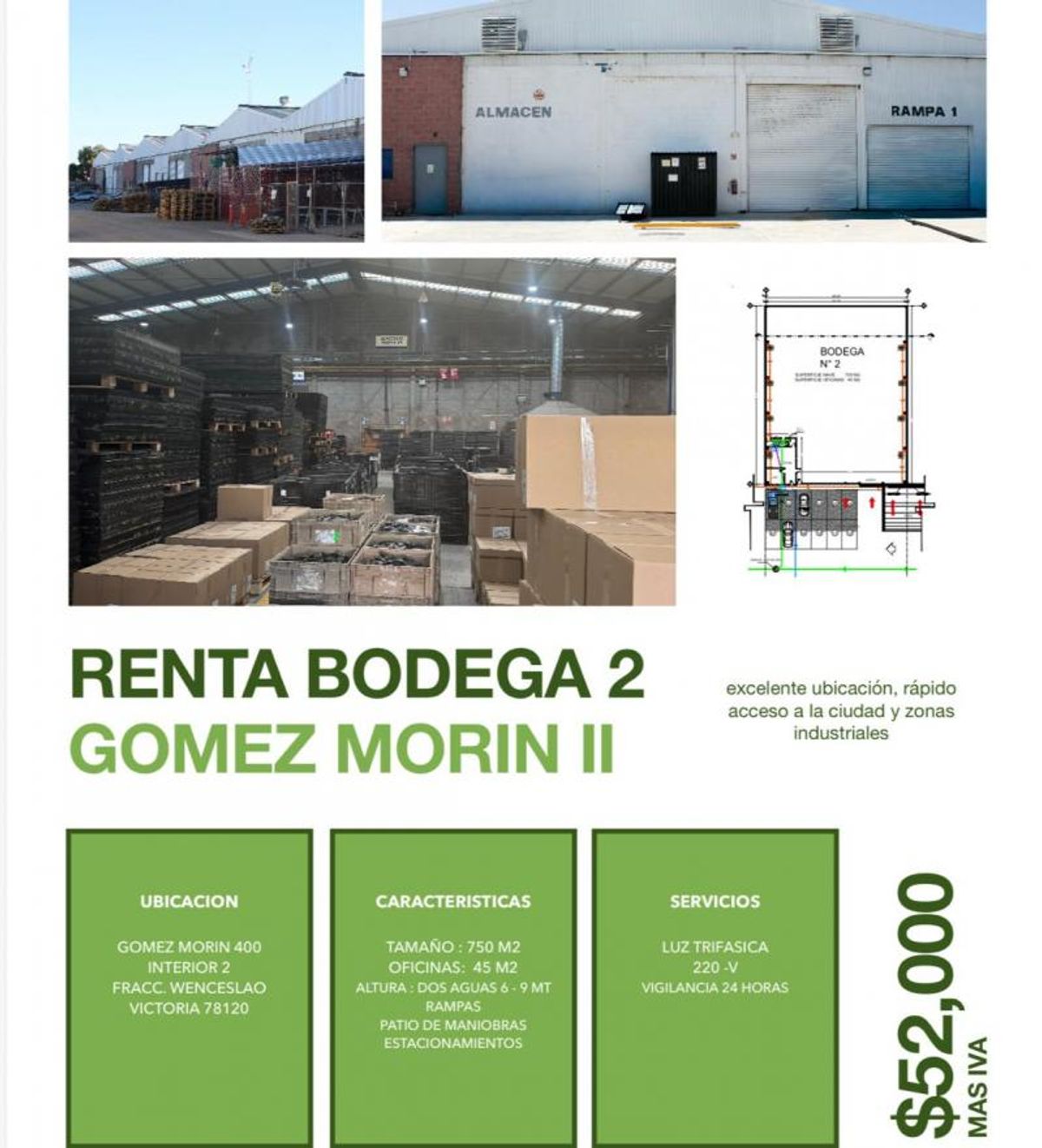 Fachada e interior de bodega industrial con mercancía almacenada, plano y paneles informativos