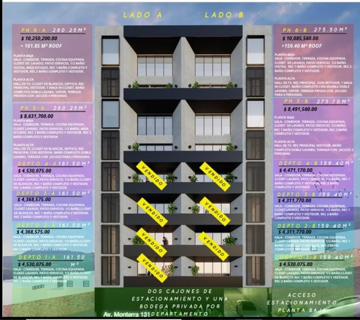 Fachada de edificio residencial moderno con balcones oscuros, barandales de cristal e iluminación cálida
