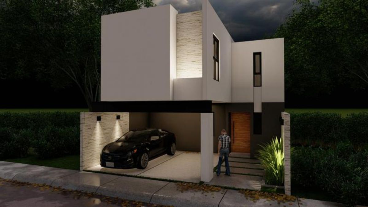 Fachada moderna de dos niveles con cochera techada, auto negro e iluminación exterior nocturna