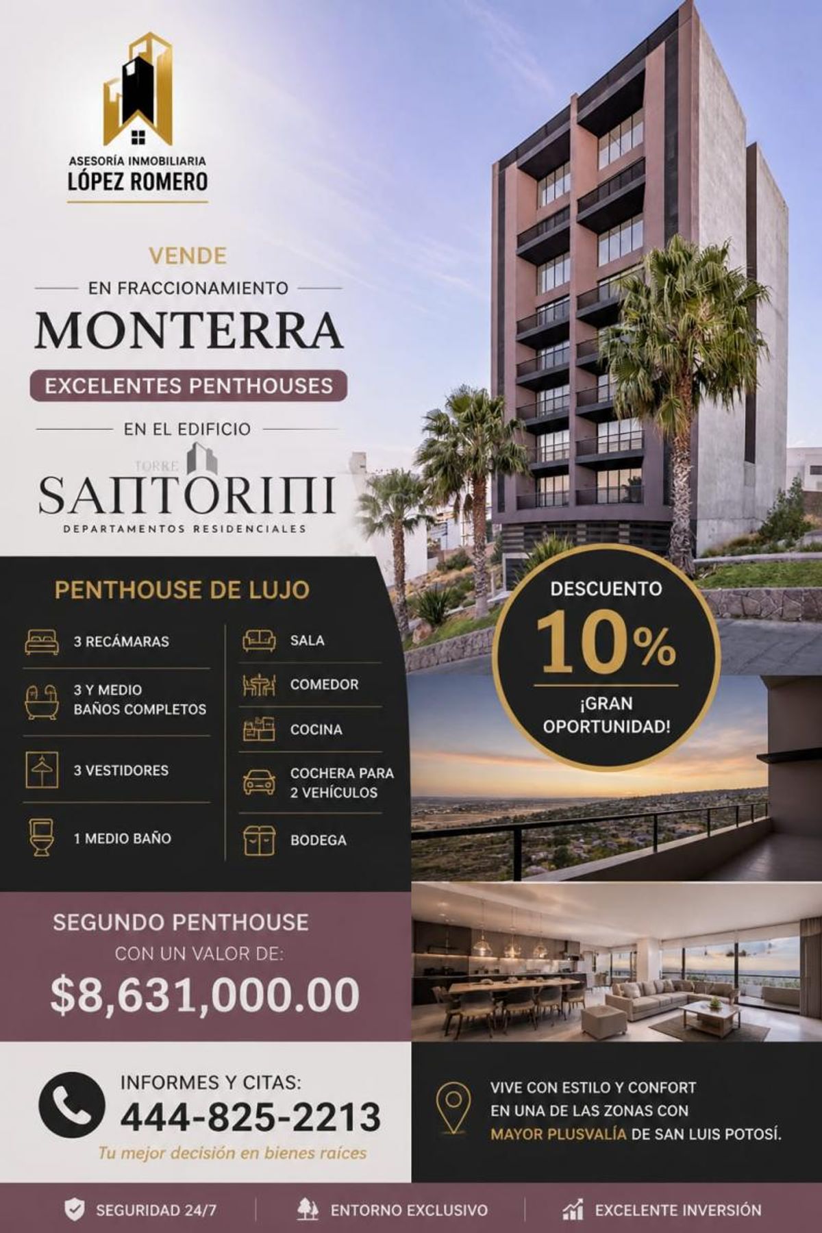Edificio residencial moderno con balcones oscuros, palmeras y sala comedor con grandes ventanales