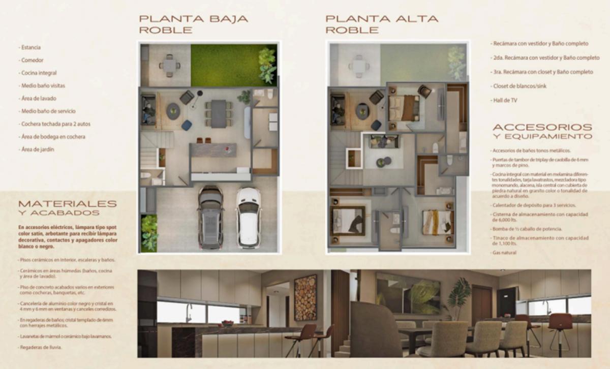 Planos arquitectónicos de casa de dos plantas con estacionamiento, jardín y cocina integral