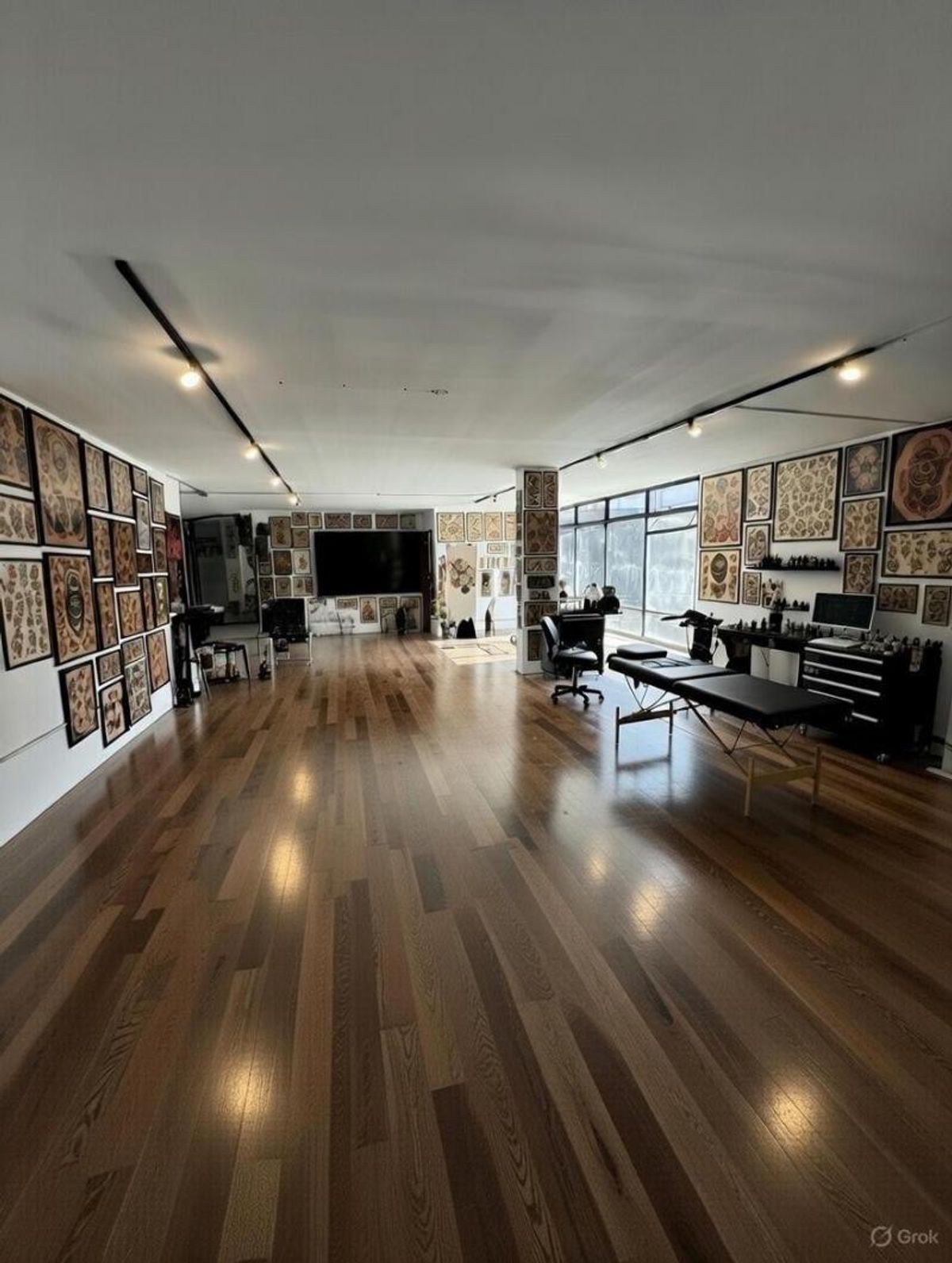 Local de planta abierta con piso de madera, iluminación en riel y ventanales