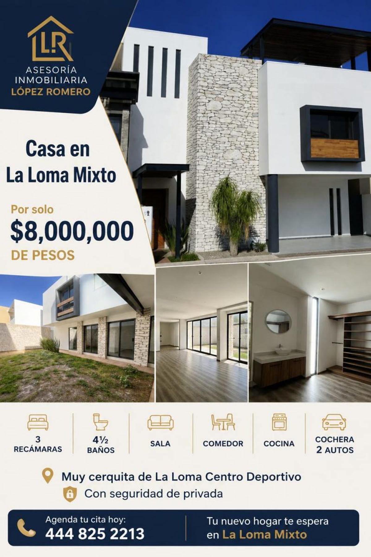 Casa moderna con fachada de piedra, cochera integrada, grandes ventanales e interiores iluminados
