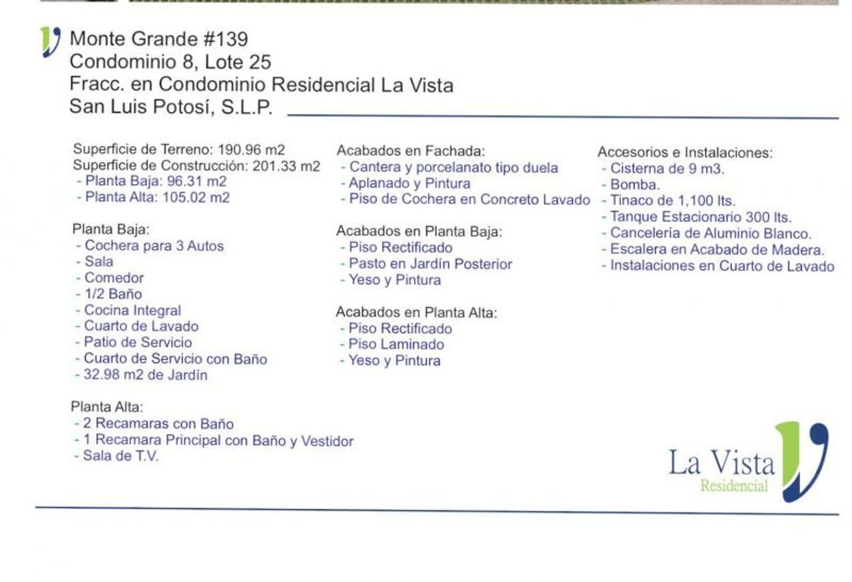 Ficha técnica con especificaciones de distribución, acabados e instalaciones de La Vista Residencial