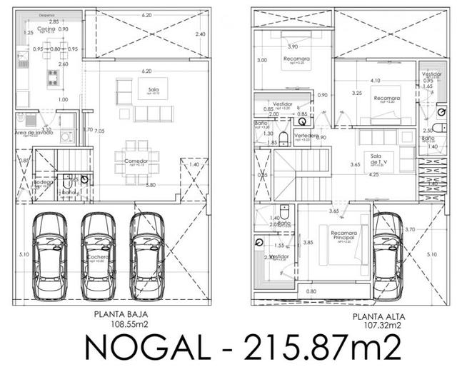 Plano arquitectónico de dos plantas con distribución de recámaras, sala, comedor, cocina y cochera