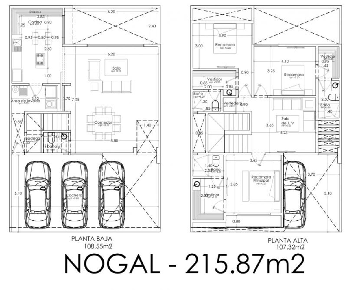 Plano arquitectónico de dos plantas con distribución de recámaras, sala, comedor, cocina y cochera