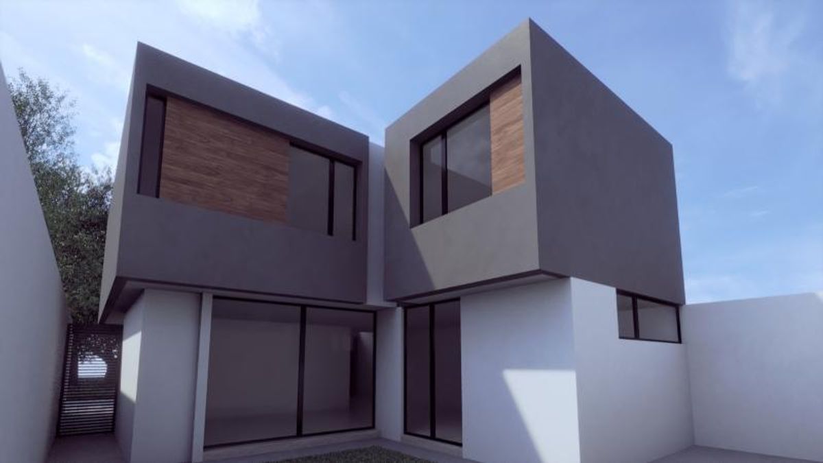 Fachada moderna de dos niveles con volúmenes grises, paneles de madera y amplios ventanales