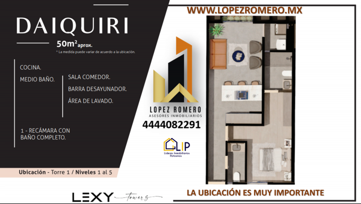 Plano arquitectónico de departamento con recámara, sala comedor, barra desayunador, cocina y baños
