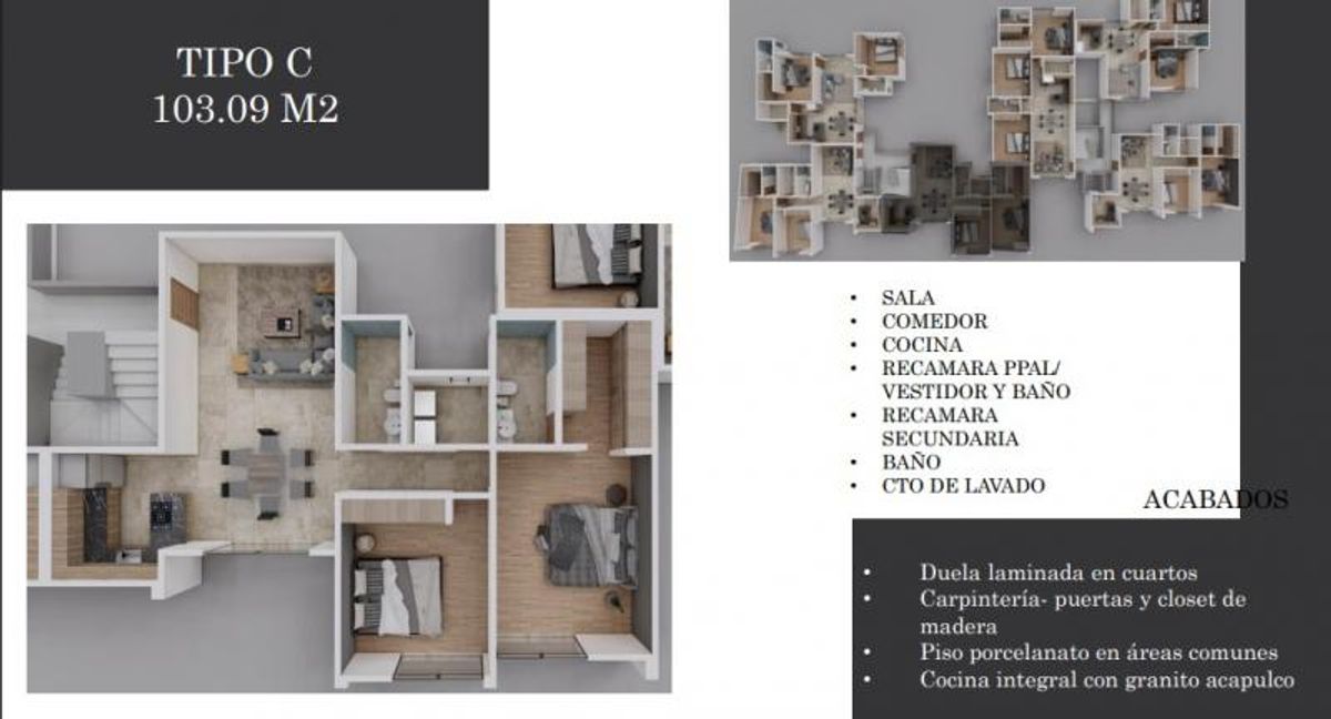 Planta tridimensional de departamento con sala, comedor, cocina integral y dos recámaras