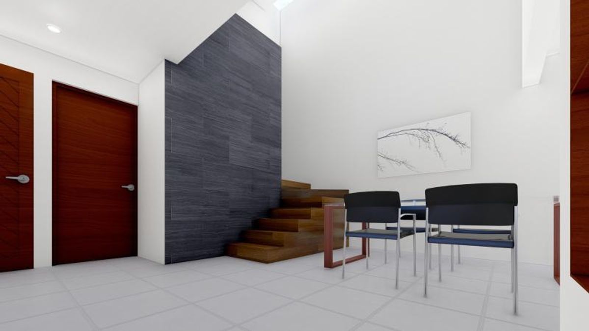 Comedor con sillas negras, escalera de madera, muro gris texturizado y puertas de madera
