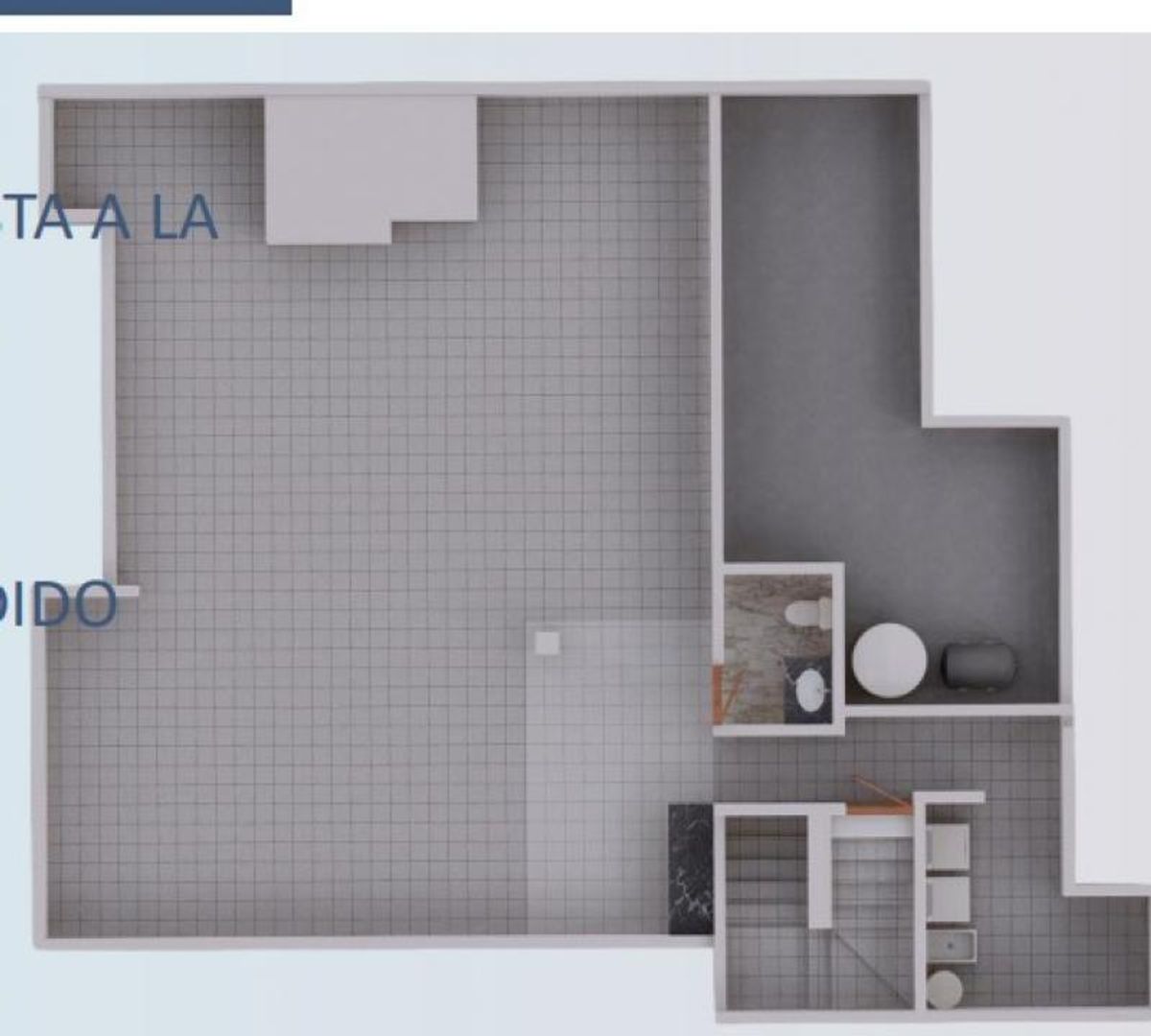Planta de azotea con piso de loseta gris, medio baño y escaleras de acceso