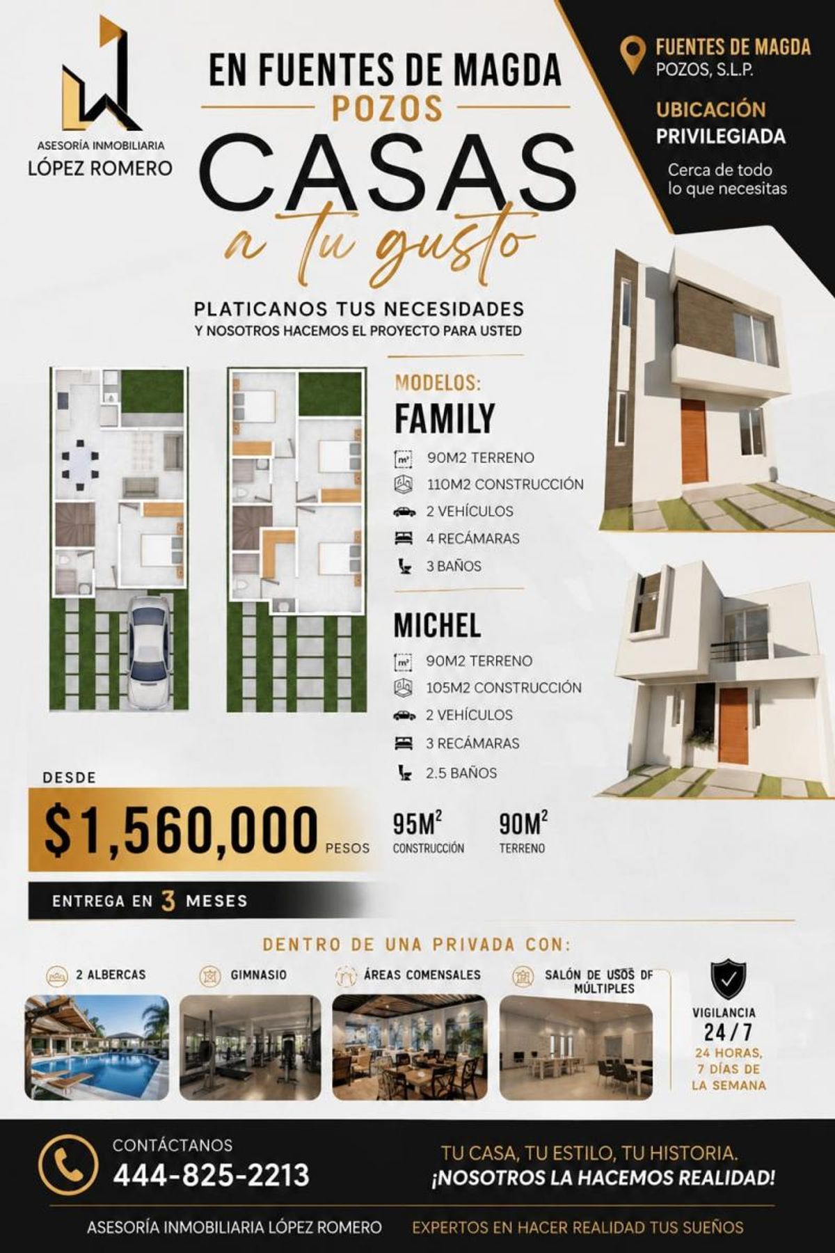 Fachadas de casas modernas de dos niveles con planos arquitectónicos y área con alberca