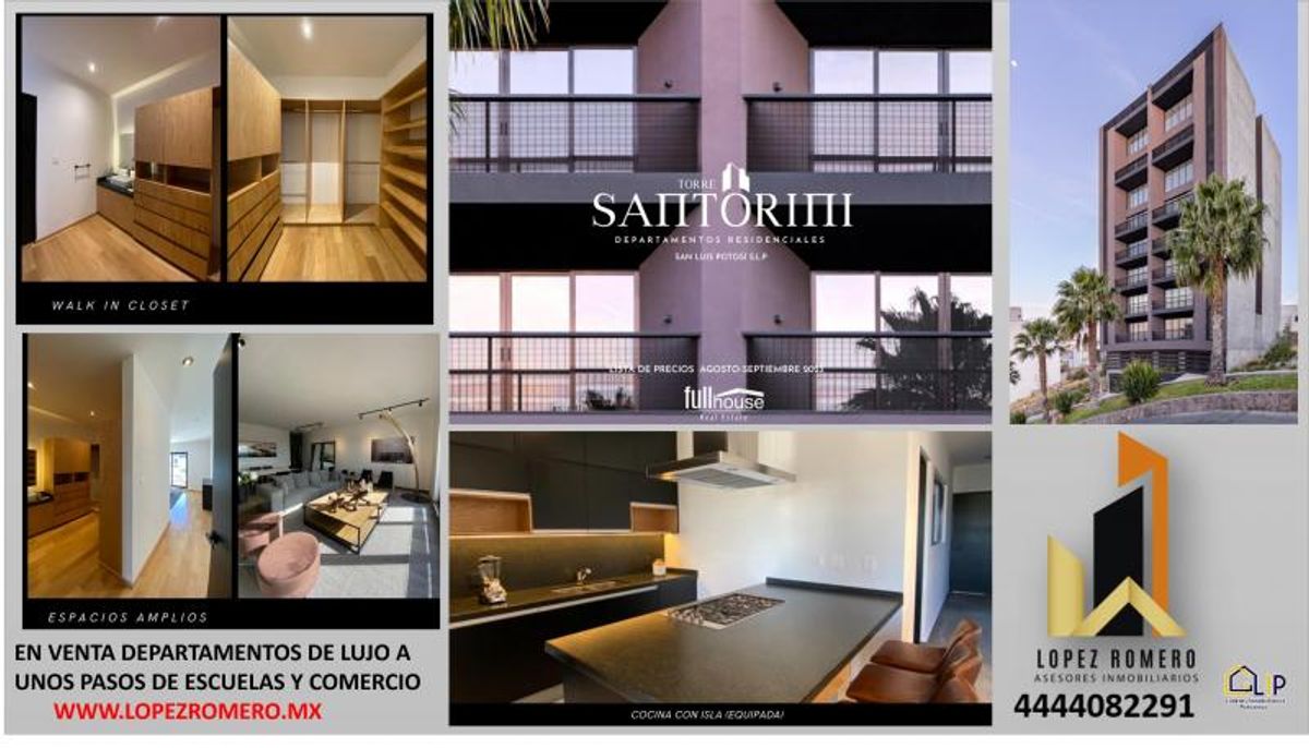 Edificio de departamentos con balcones, cocina con isla negra y vestidor de madera