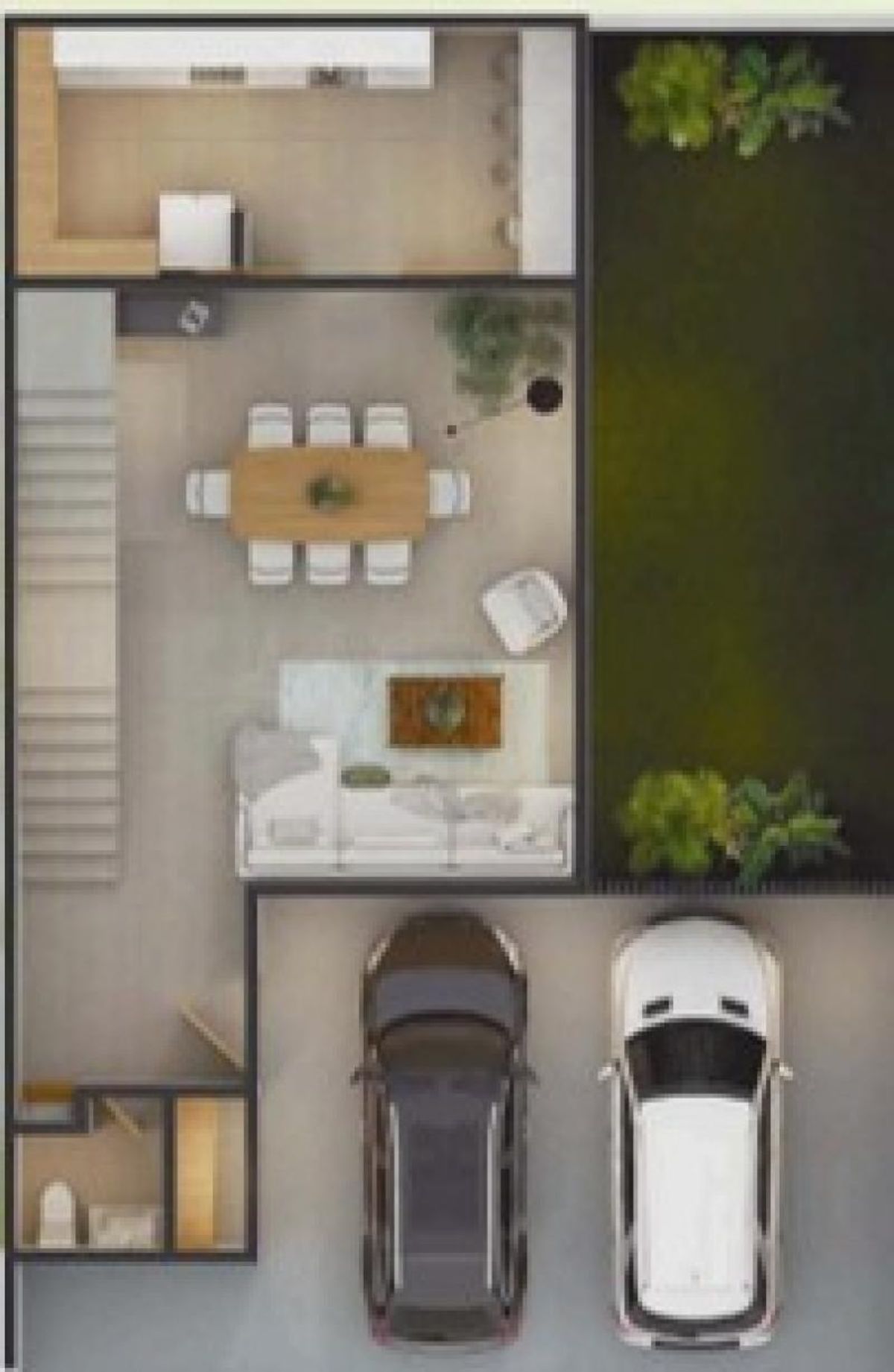 Plano de planta baja con cochera para dos autos, sala, comedor, cocina y jardín