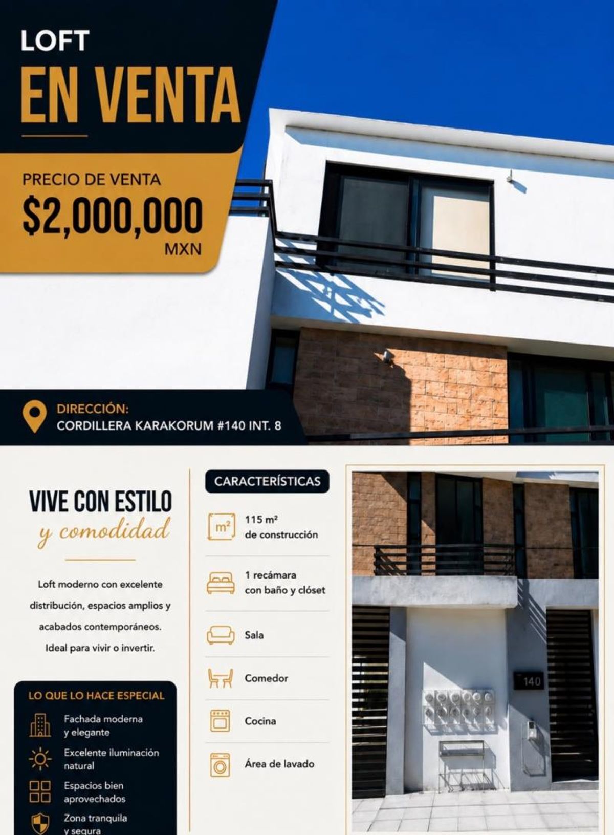 Fachada moderna de edificio con muros blancos, revestimiento de piedra, ventanas y barandales negros